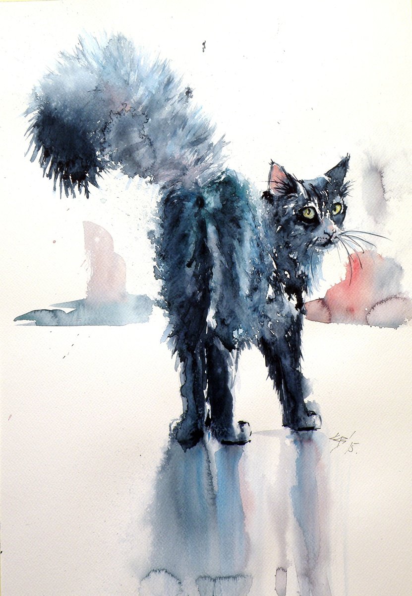Impressionistic Watercolour , Black Cat Iv By Kovacs Anna Brigitta, 15 X 21, Artwork For Sale On Artfinder