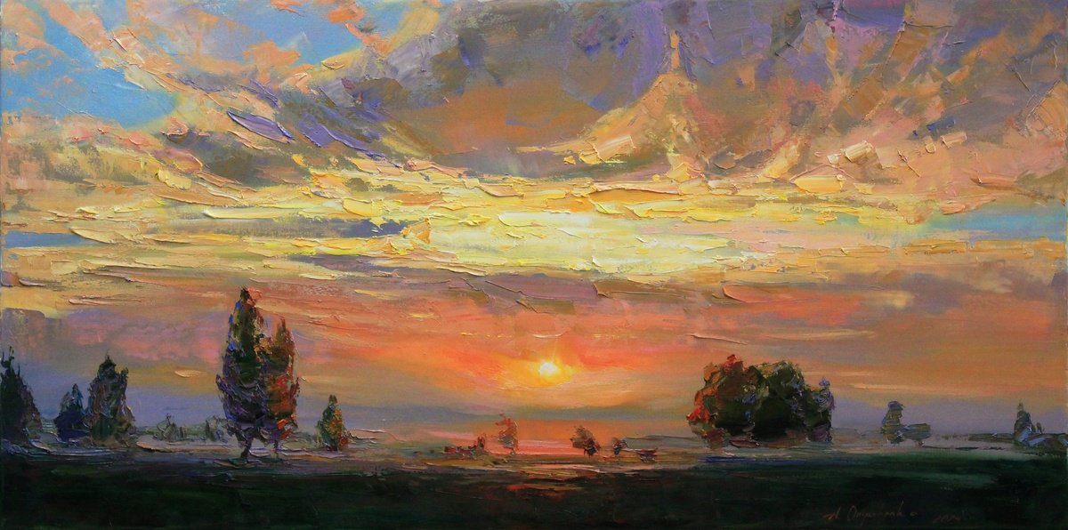 Impressionistic Landscape Oil Painting By Alisa Onipchenko-Cherniakovska, 39 X 20, Warm Evening Sunset, Original Artwork