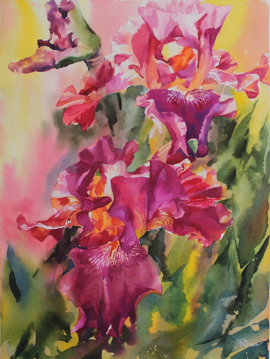 Impressionistic Botanical Watercolour By Yurii Pashkov, 15 X 20", Red Irises, Original Artwork