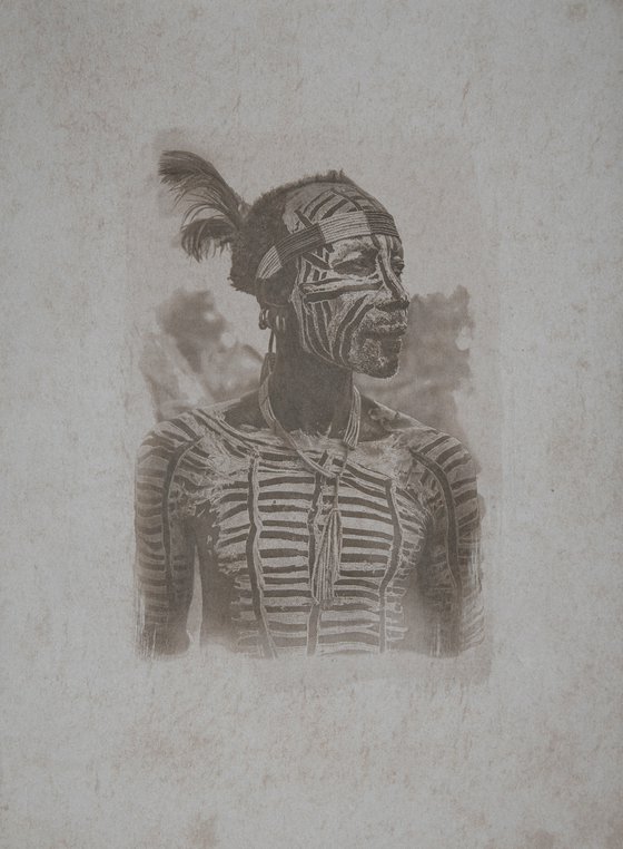 Cyanotype Print, Tea Toned, African tribal body painting, wall Art Photography
