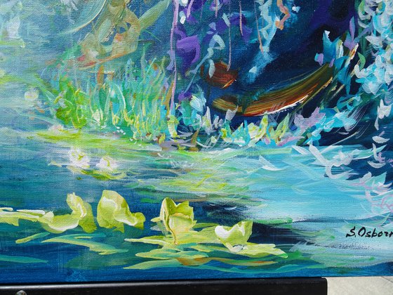 Abstract Landscape Large Flowers Painting. Tropical Floral Blue Teal Green Painting on Canvas. Modern Impressionism Art Pink Orchid White Purple Flowers Floral Garden Botanical Impressionism.