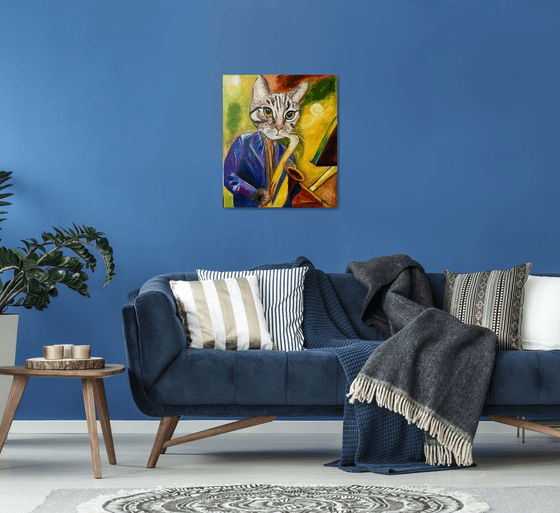 Cat  Saxophonist, musician, feline art for cat lovers