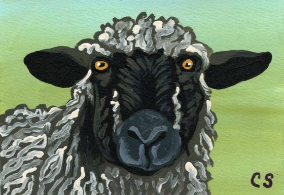 ACEO ATC Original Miniature Painting Brown Sheep Farmyard Art-Carla Smale