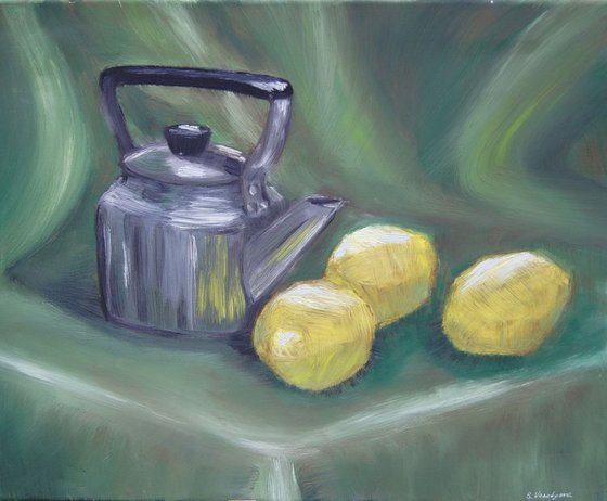 Lemon tea. Original oil still life painting with lemons