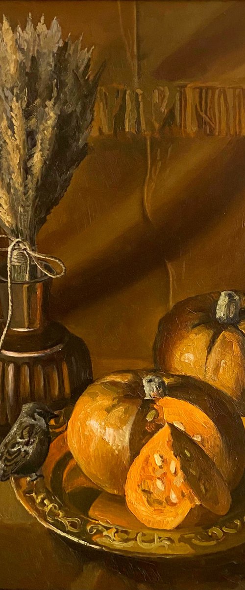 Still life with a sparrow and pumpkins by Tatiana Popova