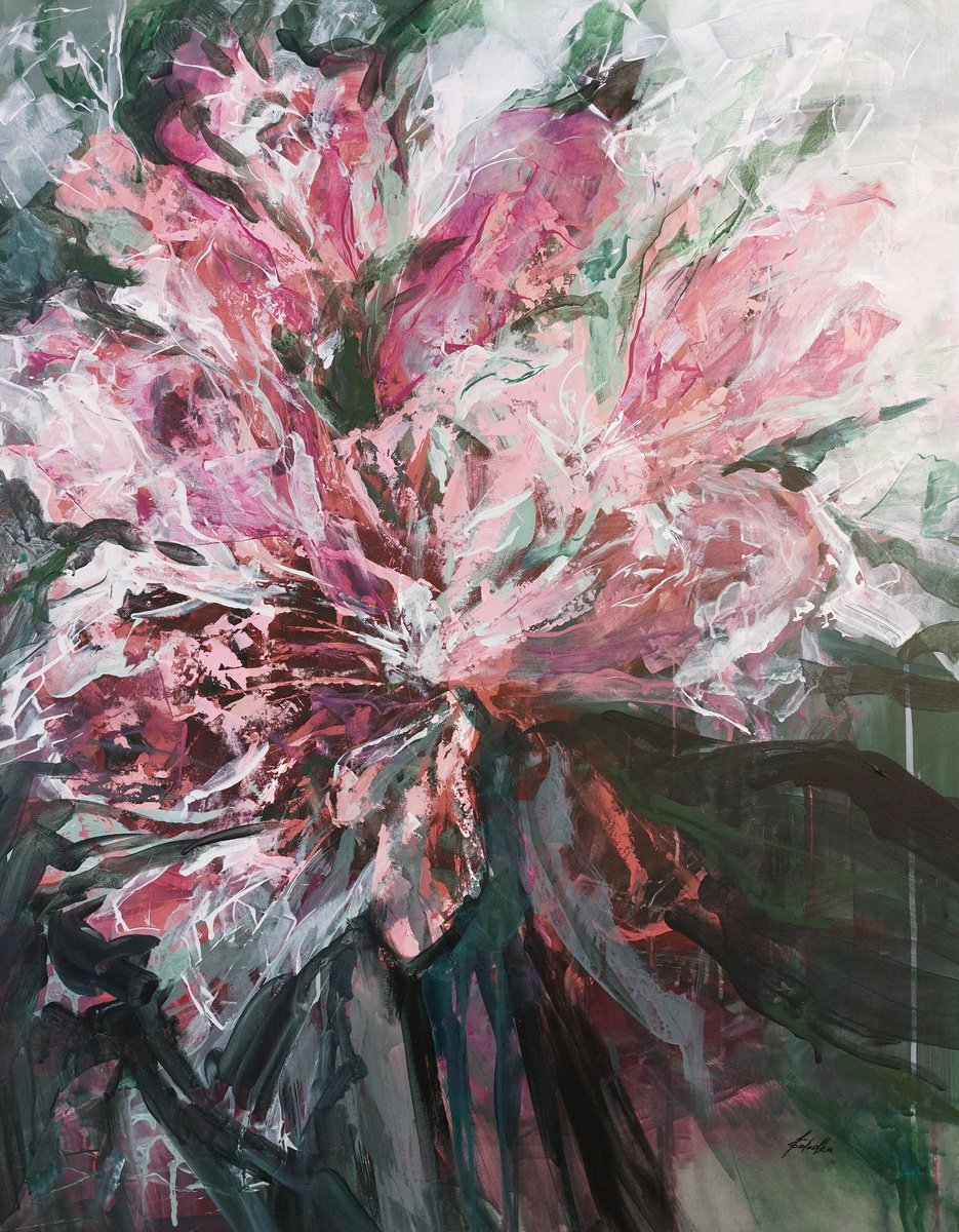 Expressive Botanical Acrylic Painting By Katia Solodka, 28 X 35", Spring Blossom 2, Original Artwork