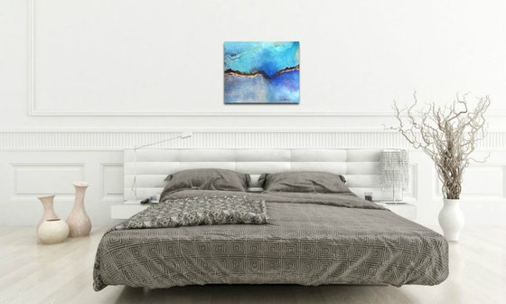 Turquoise blue abstract painting atmospheric ocean with gold leaf "It's only water"
