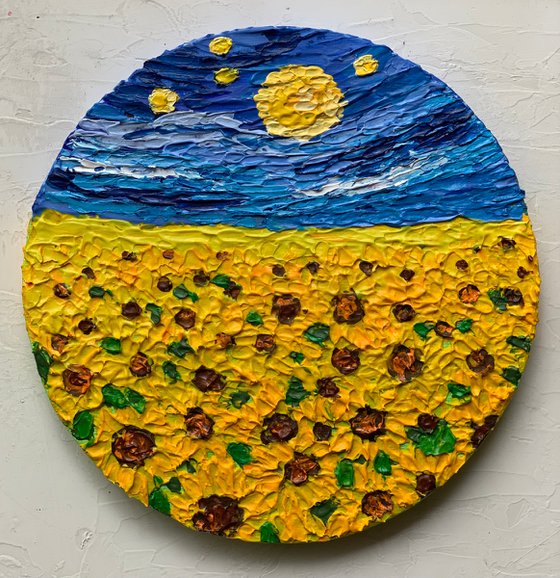 Van Gogh starry night Sunflower field! Impasto painting on round canvas! Ready to hang