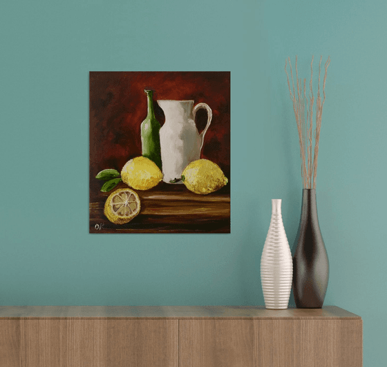 Bottles and lemons.  Still life. Palette knife painting on linen canvas