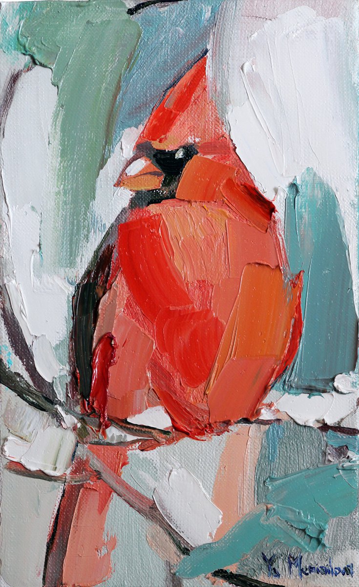 Cardinal - Bird - Oil painting by Yuliia Meniailova
