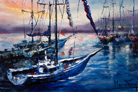 "Sailboats in the harbor" ,  ships , sky