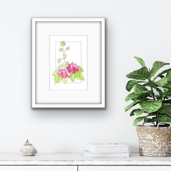 Flowers original watercolor - Mallows illustration - Floral mixed media drawing (2021)