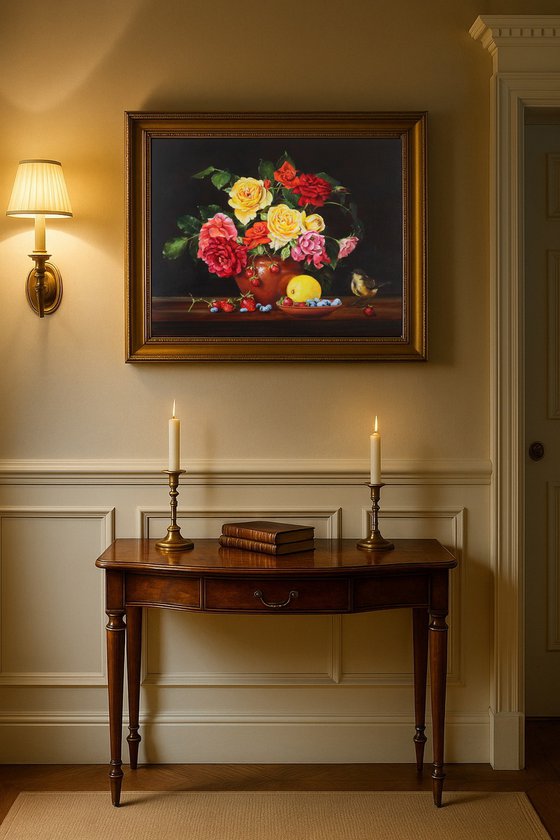 Garden Roses and Little Bird