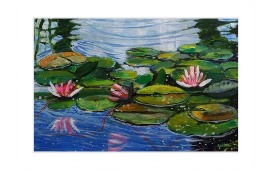 Classic water lilies painting with fluorescent pink