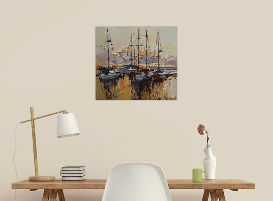 Sailing yachts at berth  Original seascape painting