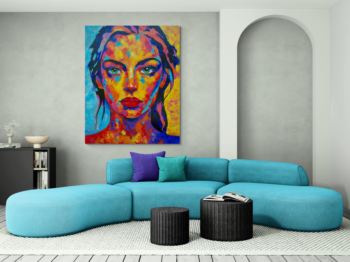 Abstract Portrait Acrylic Painting By Julijana Ravbar, 47 X 59", The Power Of Silence, Original Artwork