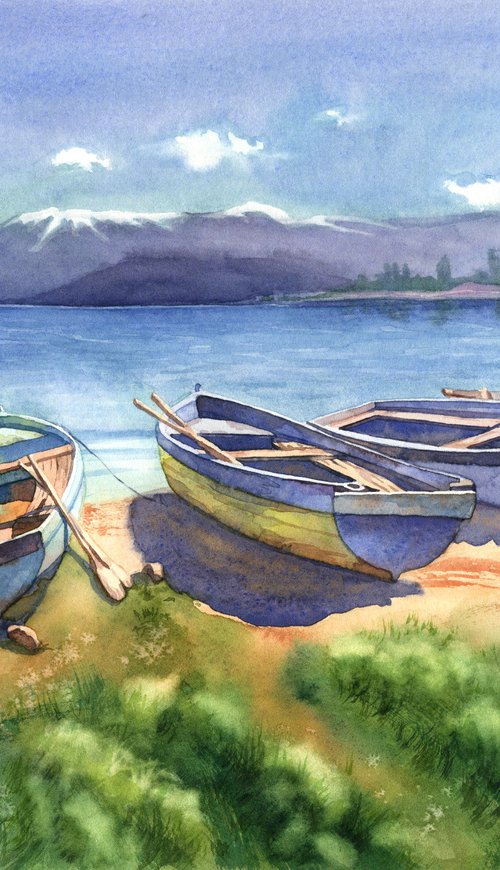Ukrainian watercolor. Seascape with boats by Nina Zakharova