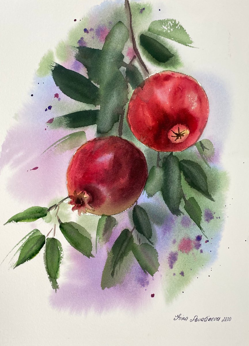Pomegranates, 26?36,5cm watercolor, red, still life, gift, medium size by Irina Povaliaeva