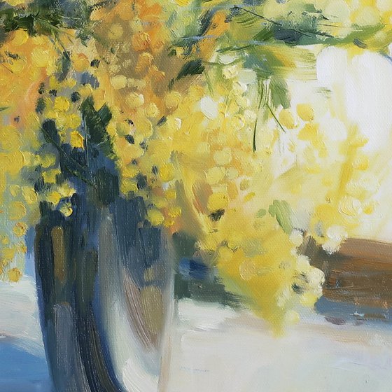 Oil painting Yellow flowers Mimosa