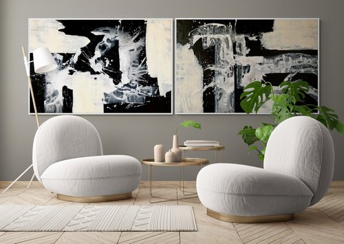 Abstraction No. 0224 XXL black & white minimalism - set of 2 by Anita Kaufmann
