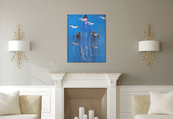 Silent Ascension – Blue Figure with Birds