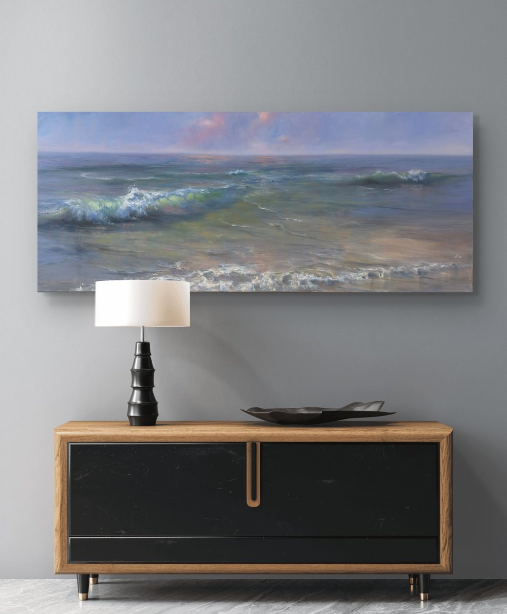 Photorealistic Landscape Oil Painting By Alesia Yeremeyeva, 47 X 20, Crystal Cove, Original Artwork