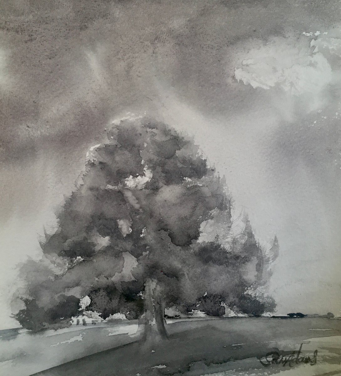 Oak tree in a field near Dorchester by Samantha Adams professional watercolorist
