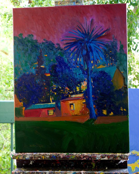 Blue Palm. Night Landscape