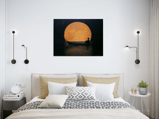 Magic Night - full moon, starry night, boat on lake;  home, office décor