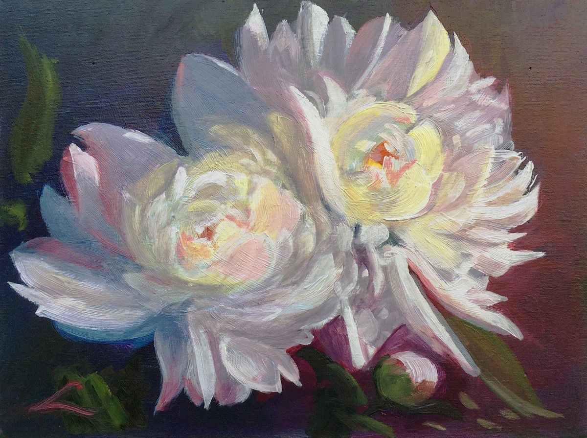 Impressionistic Botanical Oil Painting By Elena Sokolova, 16 X 12, Peonies 5, Original Artwork