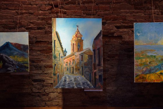 Original oil painting on canvas Italian street, Erice