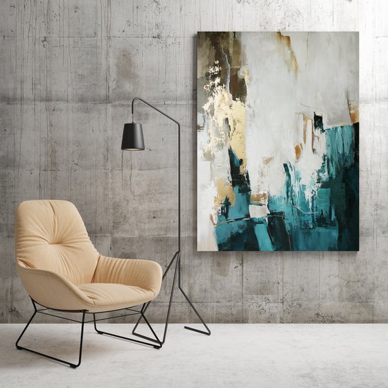 "Teal bloom 2" Teal gold cream abstract art