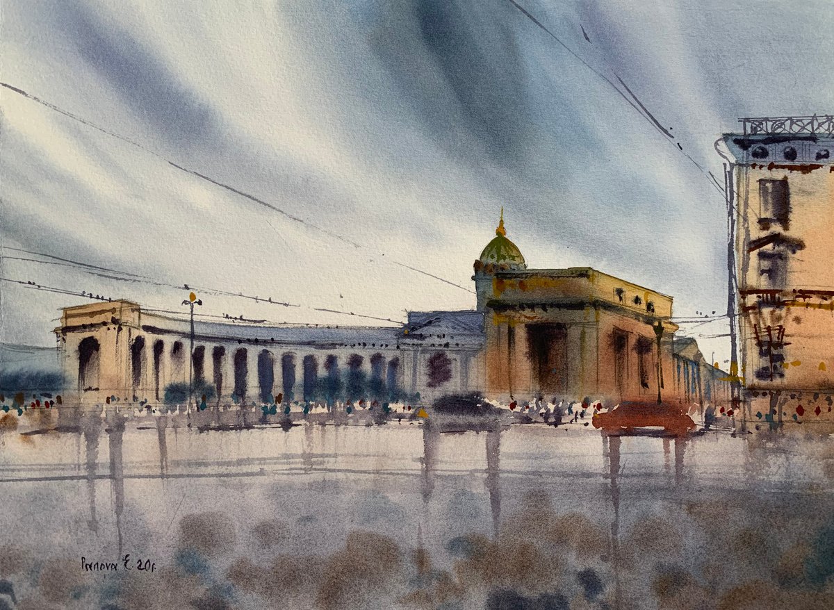 Kazan Cathedral. Rain. St. Petersburg. by Evgenia Panova
