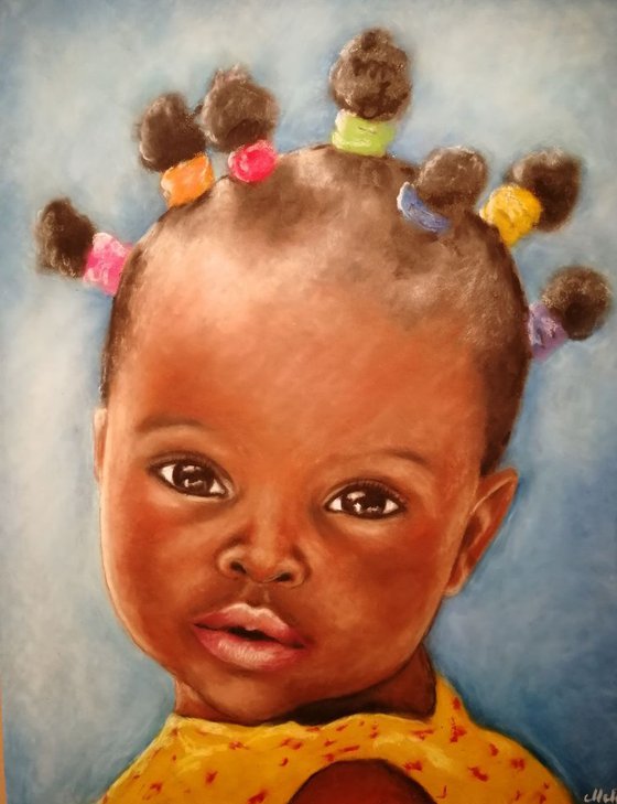 African baby girl - original oil pastel portrait painting
