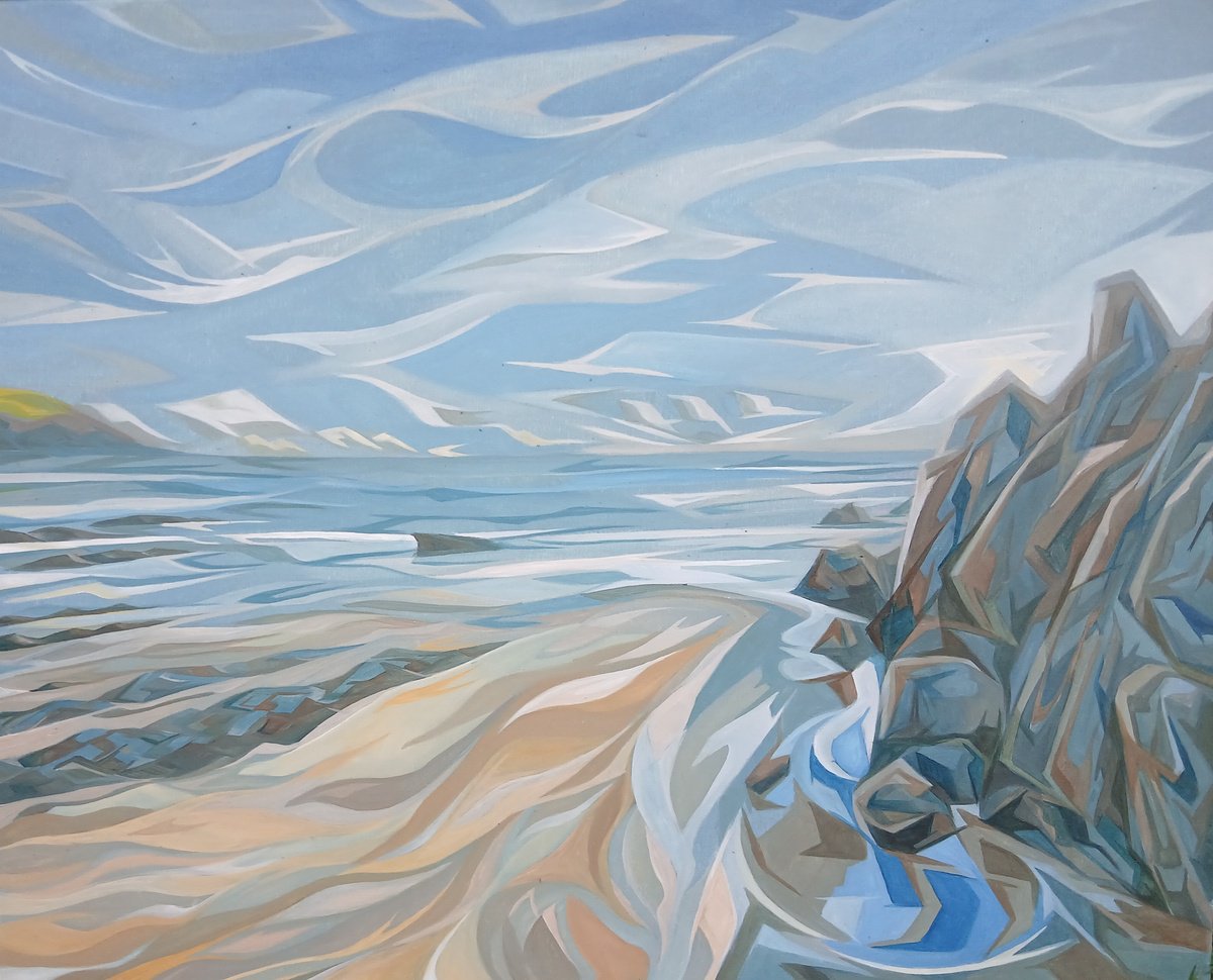 Landscape Oil Painting By Andrew Clayton, 28 X 24, Mothecombe Early Evening, Original Artwork