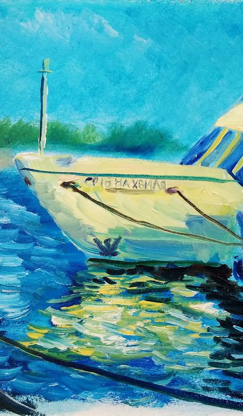 Pleasure boat before sailing. Pleinair painting by Dmitry Fedorov