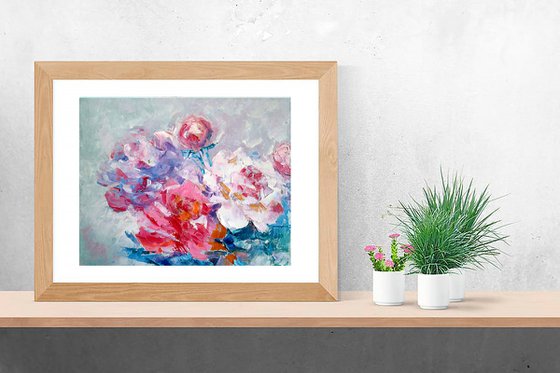 Peonies Painting Original Art Pink Floral Artwork Abstract Small Flower Wall Art