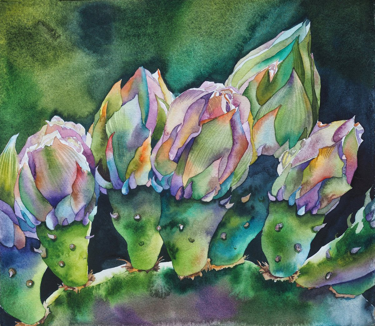 Opuntia blossom - original sunny watercolor by Delnara El