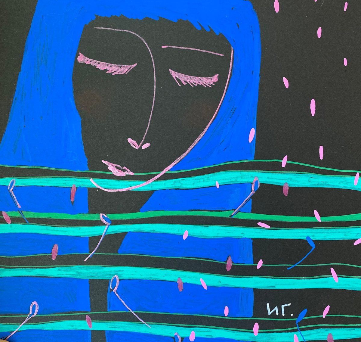 Naive Portrait Ink Drawing By Irina Goleva, 6 X 6, Rain, Original Artwork