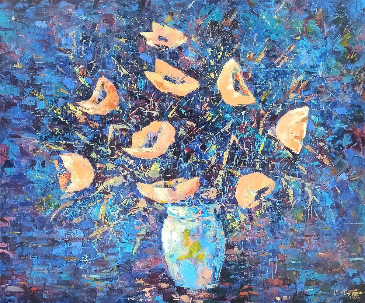 Impressionistic Botanical Oil Painting By Arto Mkrtchyan, 28 X 24, Cerulean Dreams Of Poppies, Original Artwork