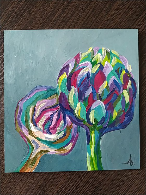 Аrtichoke - acrylic, plant, small painting, acrylic painting, artichoke flowers