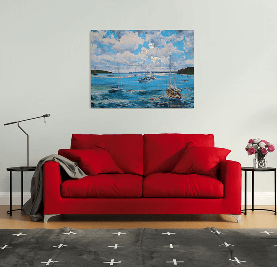 Morning on the bay (mixed-media, acrylic and gold leaf) (36x48x1.5")