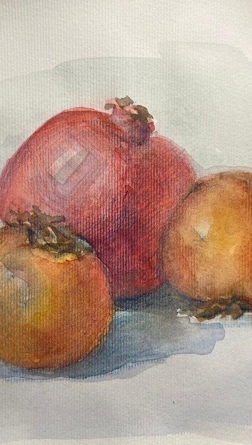 Pomegranate and persimmons still life original watercolour artwork by Roman Sergienko