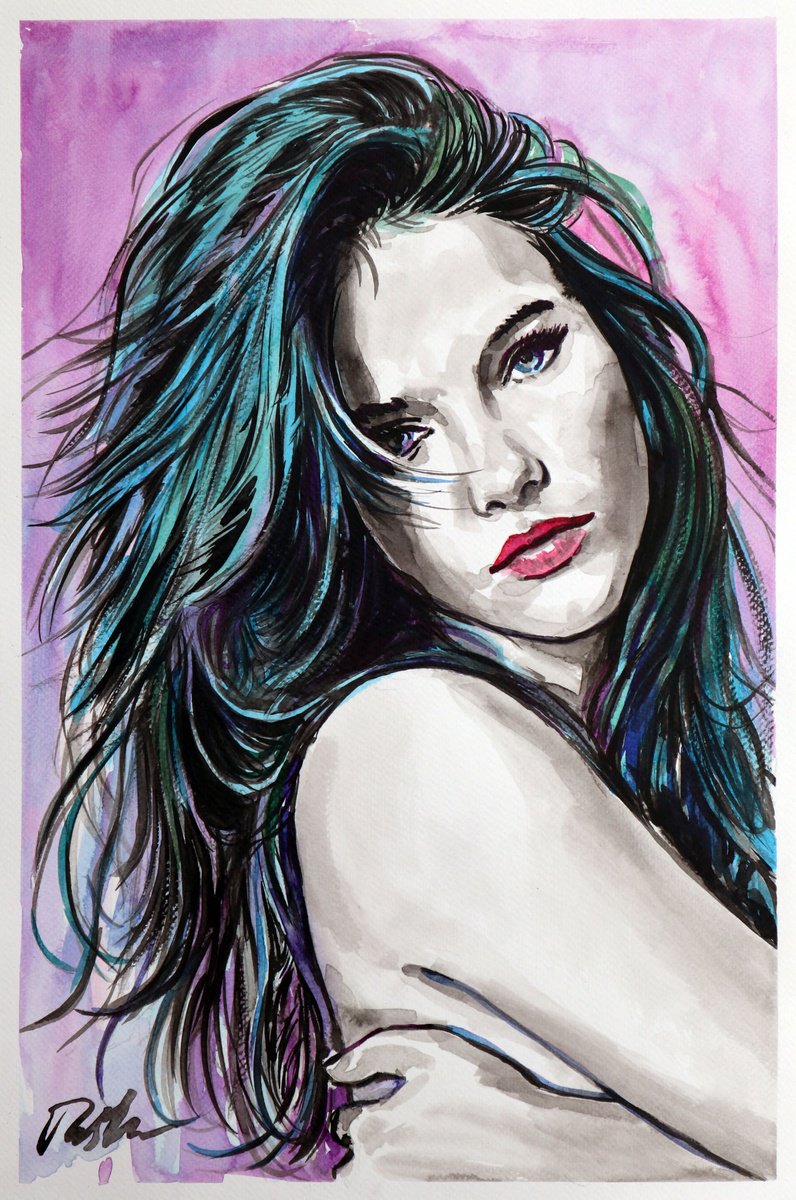 Urban And Pop Portrait Ink Drawing By Tashe, 12 X 18", Blooming Girl, Original Artwork