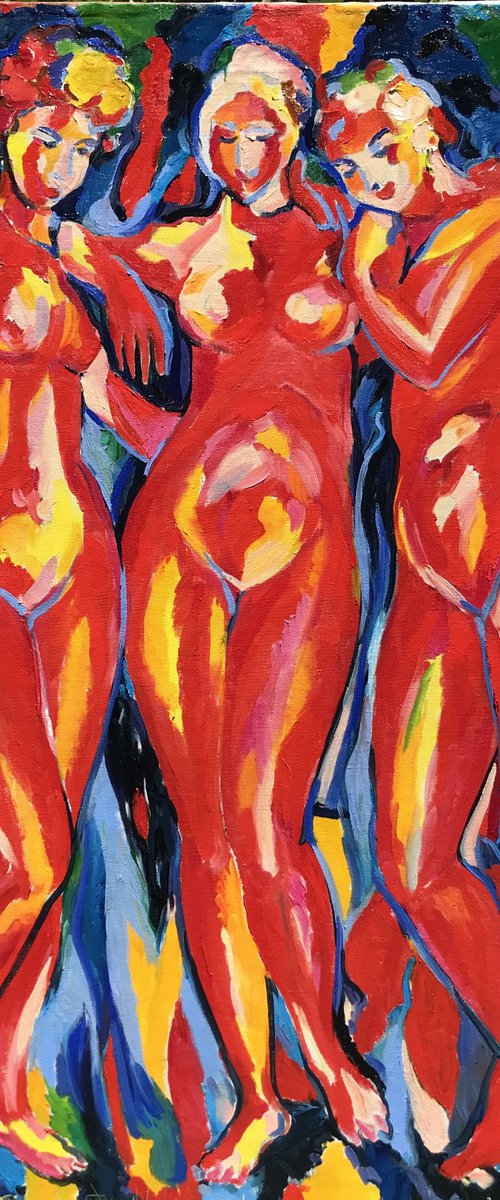 THREE GRACES - Abstract nude art , XL large wall sized, original painting, bathers theme, red, bedroom interior by Karakhan