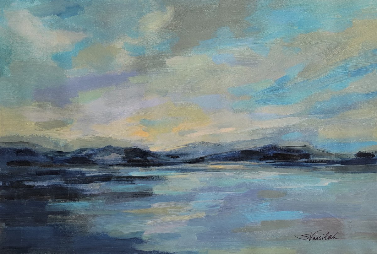 Expressive Landscape Acrylic Painting By Silvia Vassileva, 36 X 24", Indigo Sea, Original Artwork