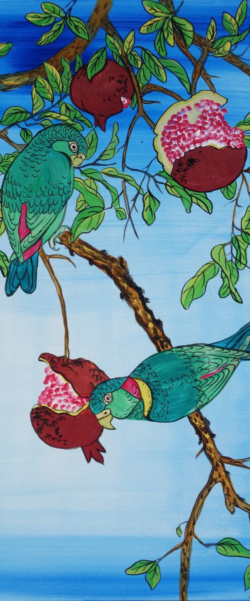 pomegranate and parrots Japan Hieroglyph original artwork in japanese style J102 ready to hang painting acrylic on stretched canvas wall art by Ksavera