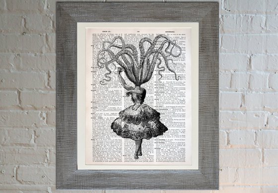 Octopus Flamenco Dancer - Collage Art Print on Large Real English Dictionary Vintage Book Page