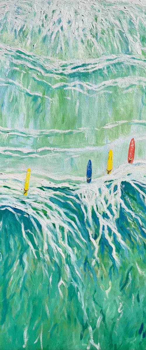 Six surfers in ocean by Volodymyr Smoliak
