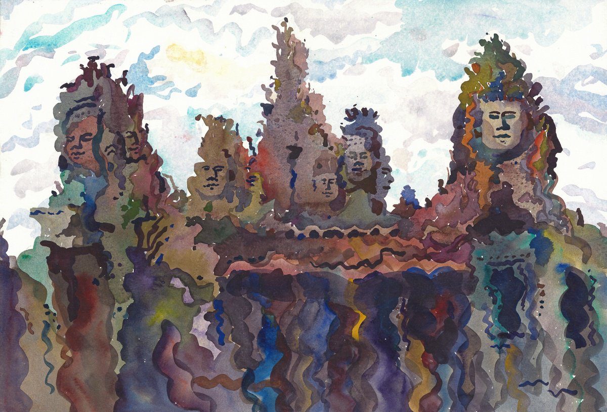 Impressionistic Cityscapes Watercolour By Tanbelia, 22 X 15", Bayon Temple, Original Artwork